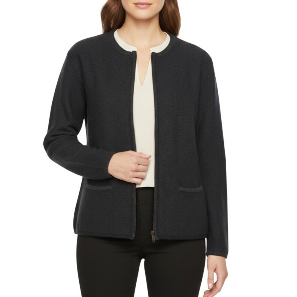 Casual‎ Corner & Co Small Cardigan Black 100% Wool Zip Front Sweater Minimalist